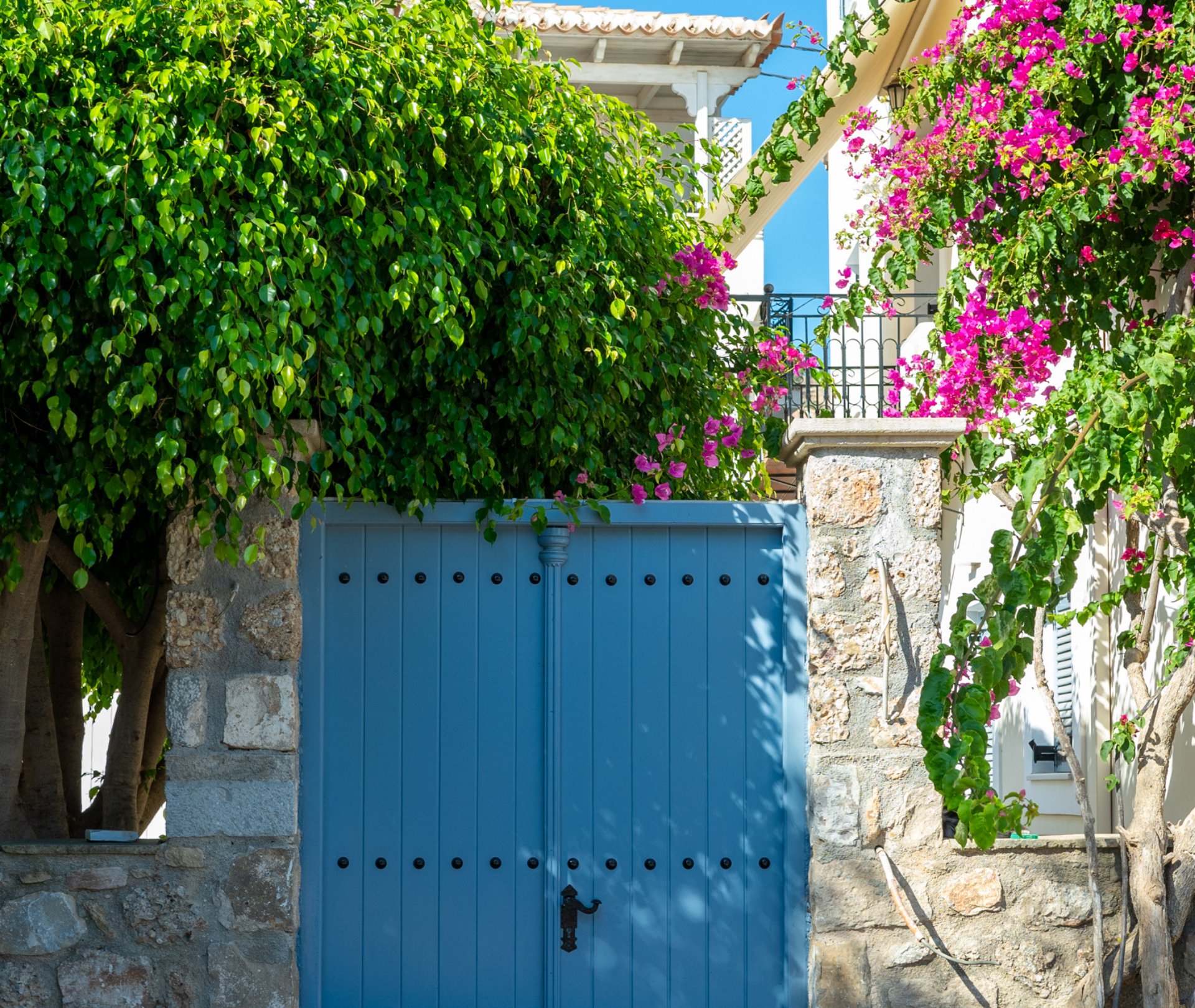 A blue door surrounded by trees and pink flowers.