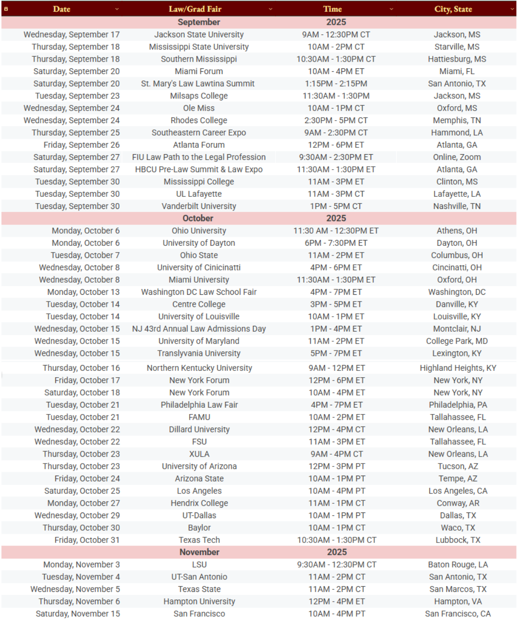 Loyola Law Travel Schedule Fall 2025