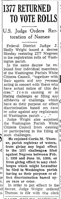Washington Parish Voter Roll Purge Article 1960